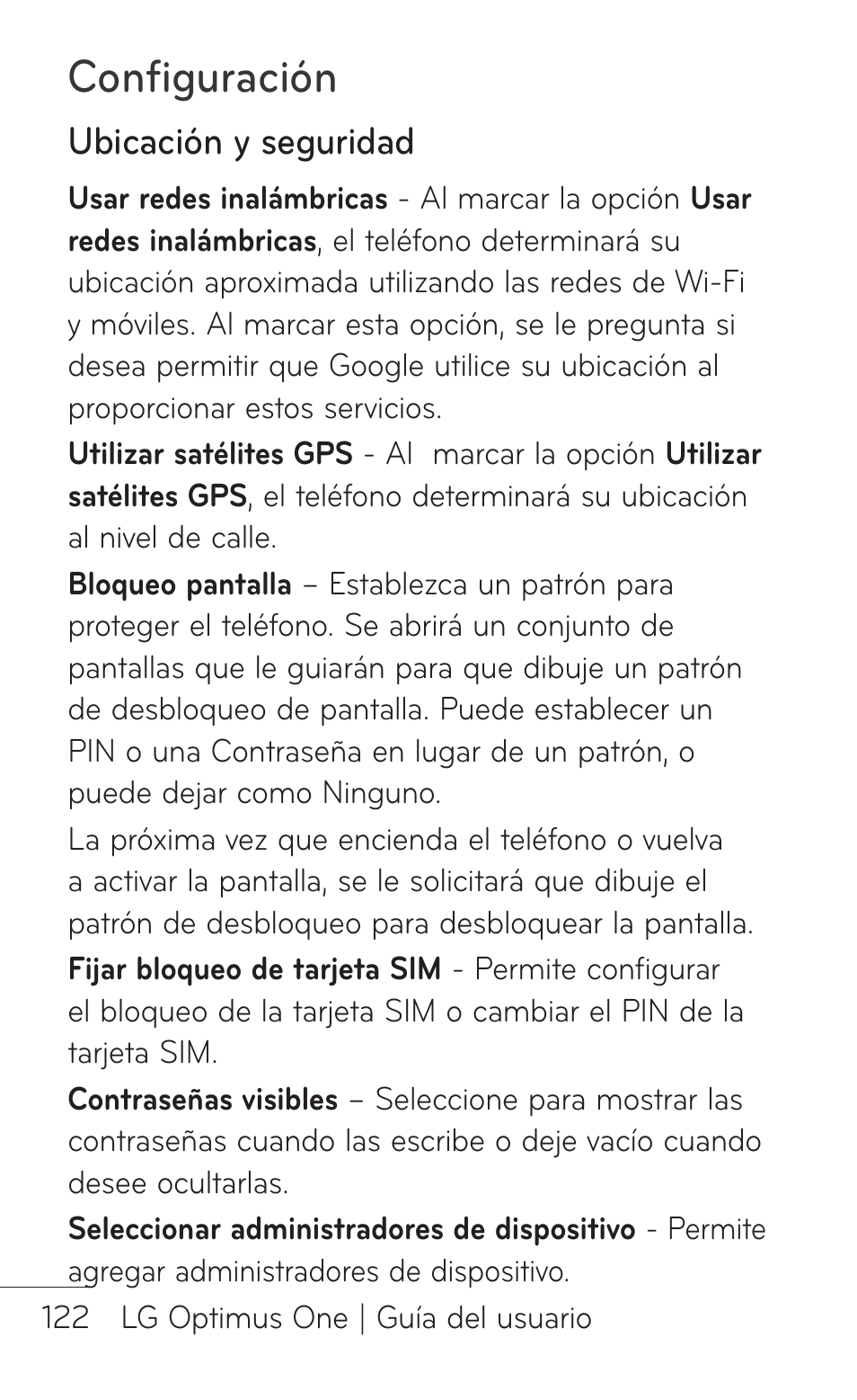 Ubicación y seguridad, Configuración | LG LGP504 User Manual | Page 304 / 380