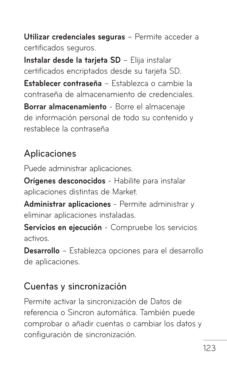 Aplicaciones, Cuentas y sincronización | LG LGP504 User Manual | Page 305 / 380