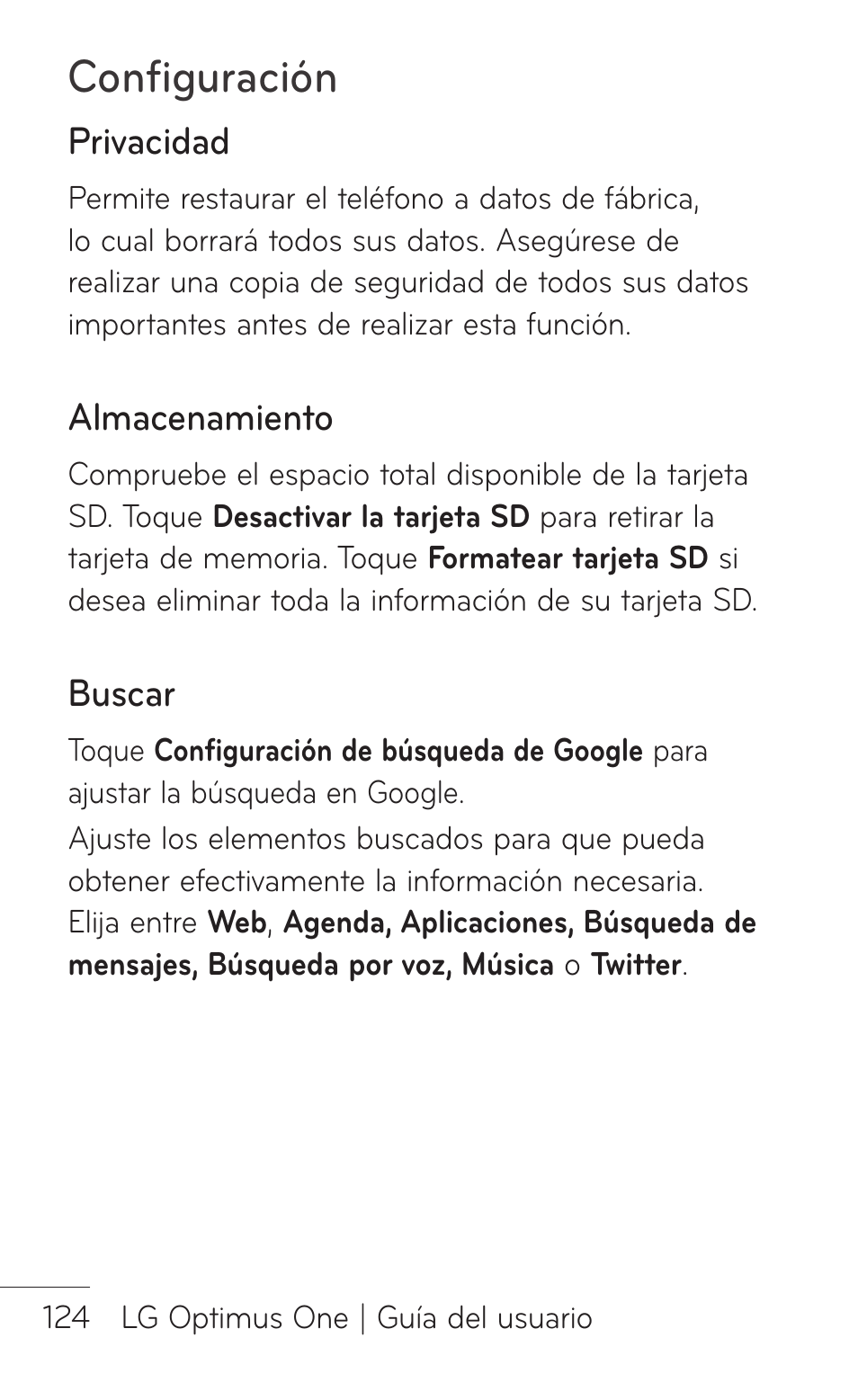 Privacidad, Almacenamiento, Buscar | Configuración | LG LGP504 User Manual | Page 306 / 380