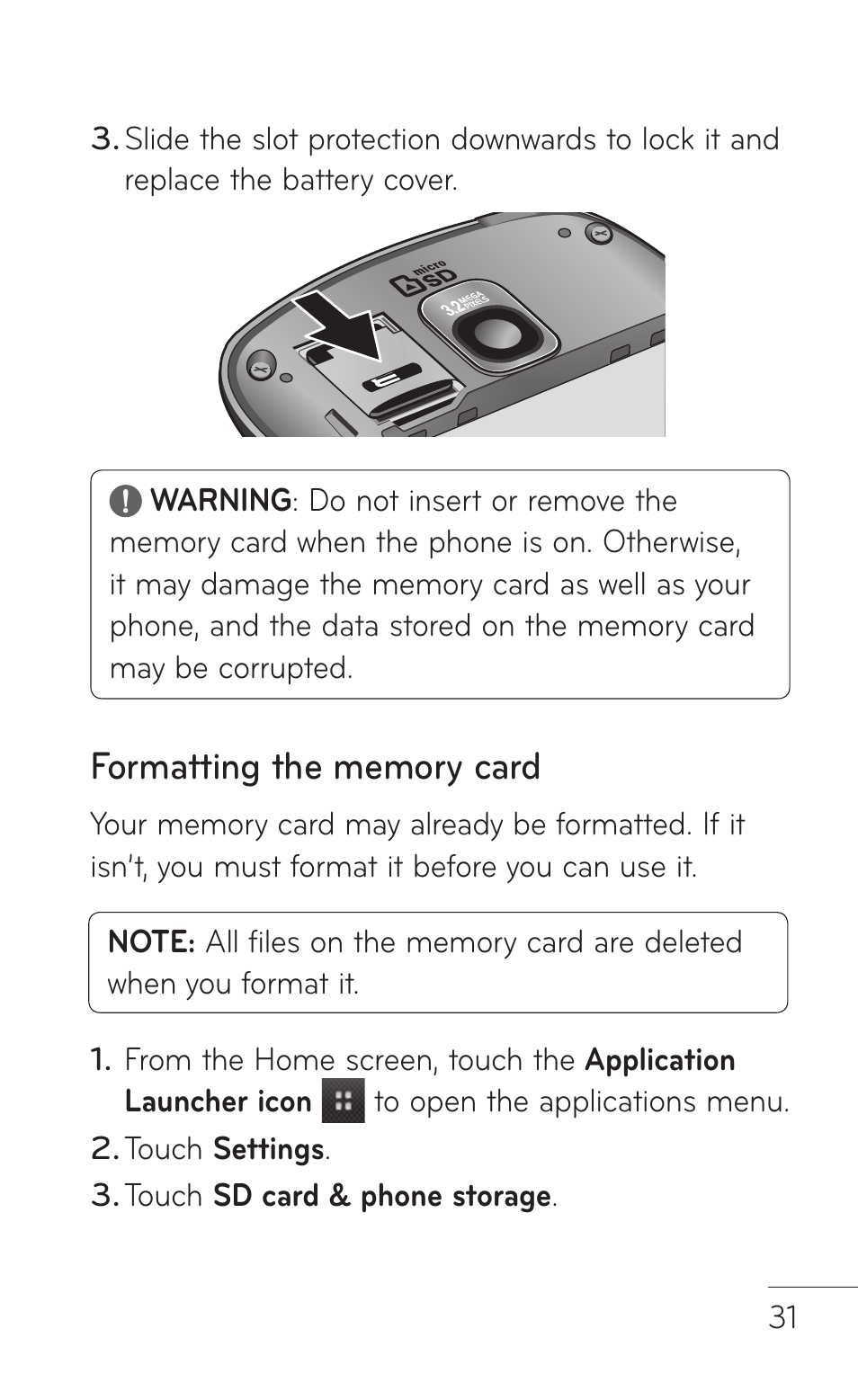 Formatting the memory card | LG LGP504 User Manual | Page 31 / 380