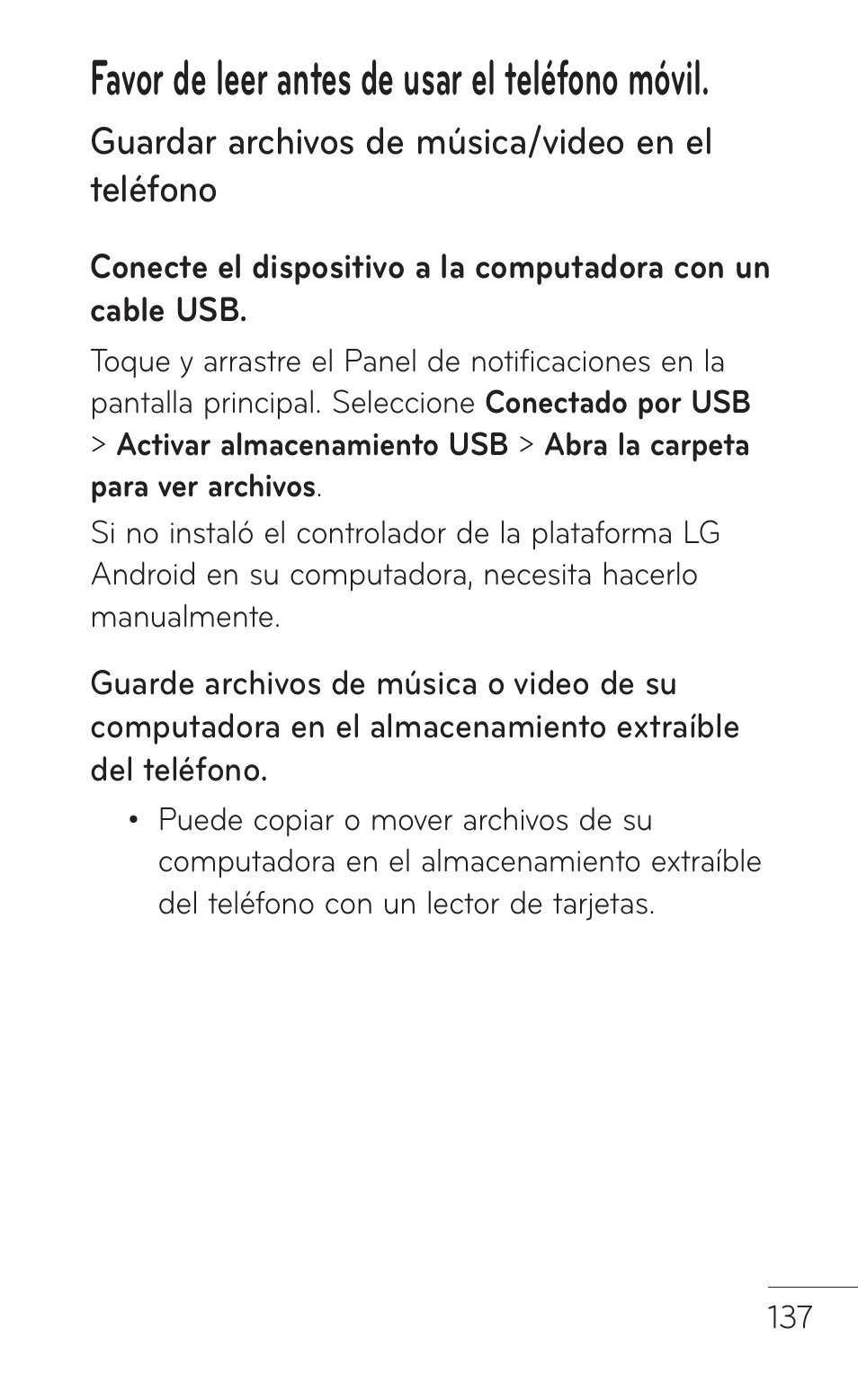 Favor de leer antes de usar el teléfono móvil, Guardar archivos de música/video en el teléfono | LG LGP504 User Manual | Page 319 / 380