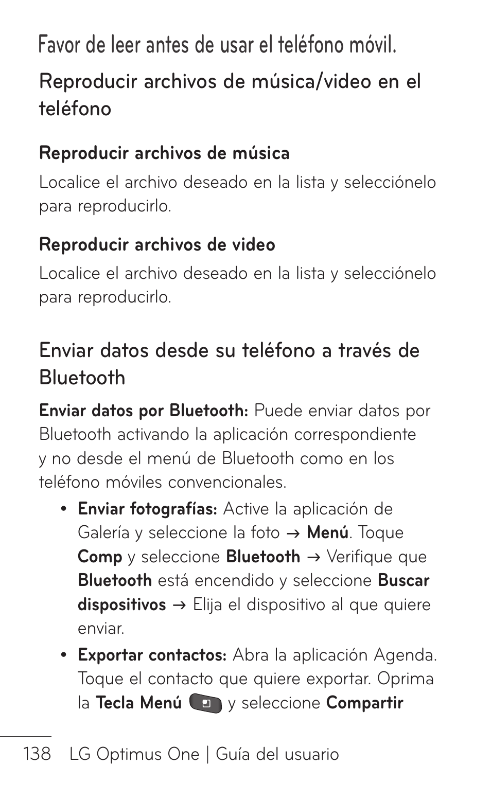 Reproducir archivos de música/video en el teléfono, Favor de leer antes de usar el teléfono móvil | LG LGP504 User Manual | Page 320 / 380