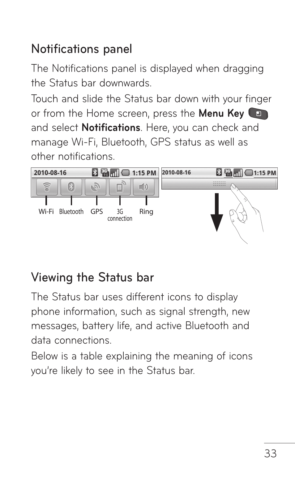 Notifications panel, Viewing the status bar | LG LGP504 User Manual | Page 33 / 380