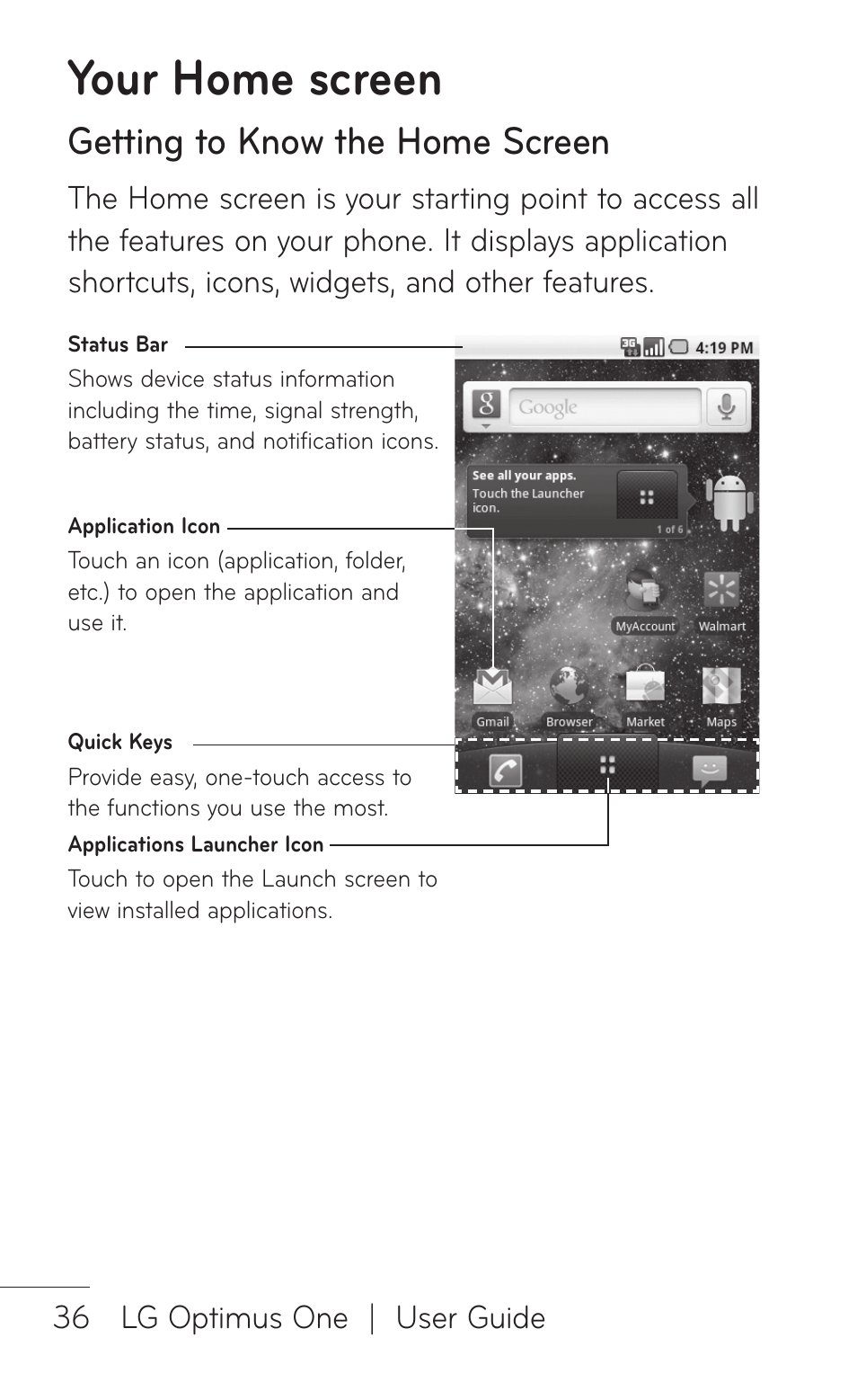 Your home screen, Getting to know the home screen, 36 lg optimus one | user guide | LG LGP504 User Manual | Page 36 / 380