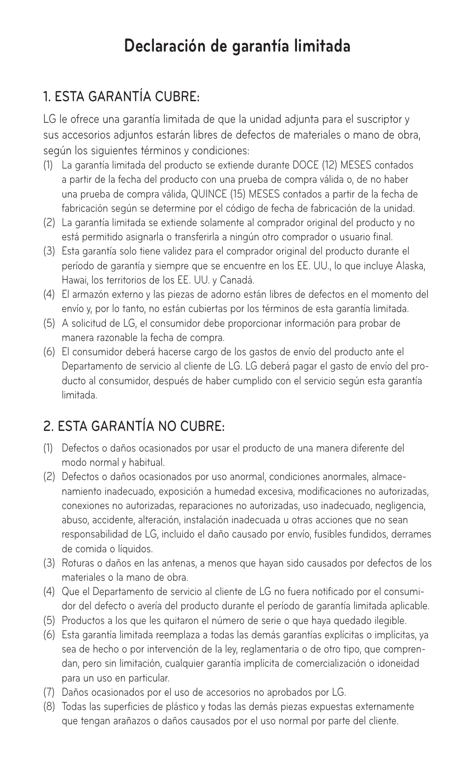 Declaración de garantía limitada, Esta garantía cubre, Esta garantía no cubre | LG LGP504 User Manual | Page 379 / 380