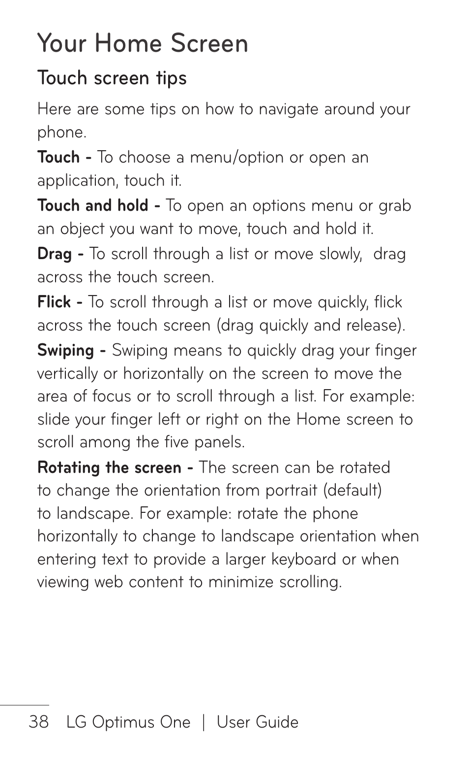 Touch screen tips, Your home screen | LG LGP504 User Manual | Page 38 / 380