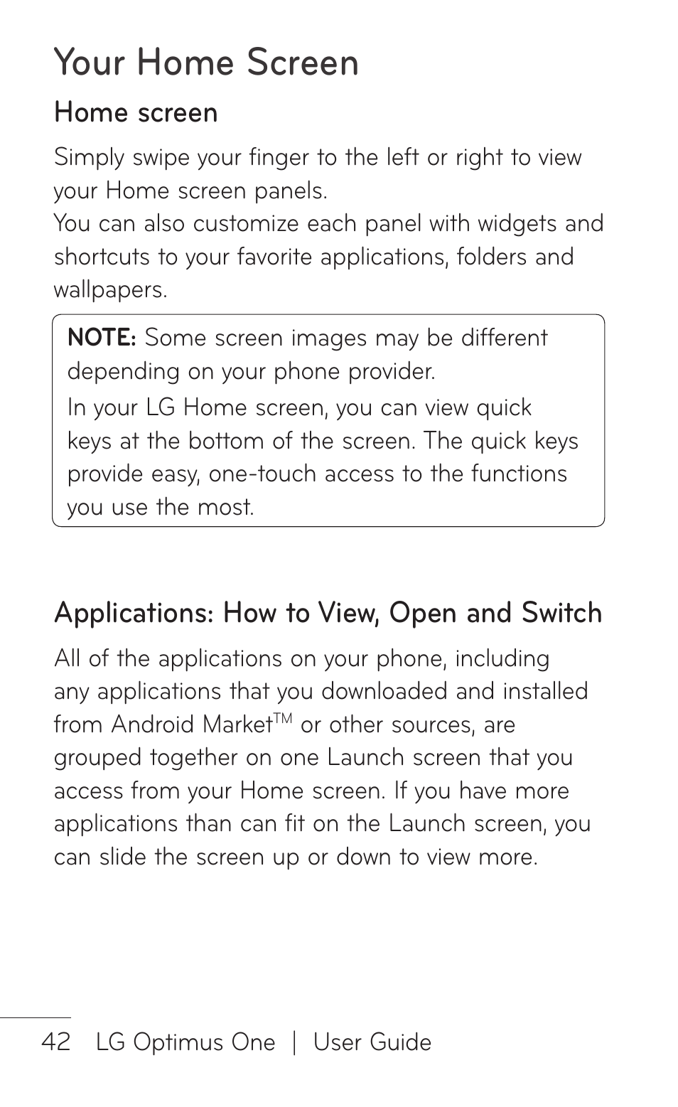 Home screen, Applications: how to view, open and switch, Your home screen | LG LGP504 User Manual | Page 42 / 380