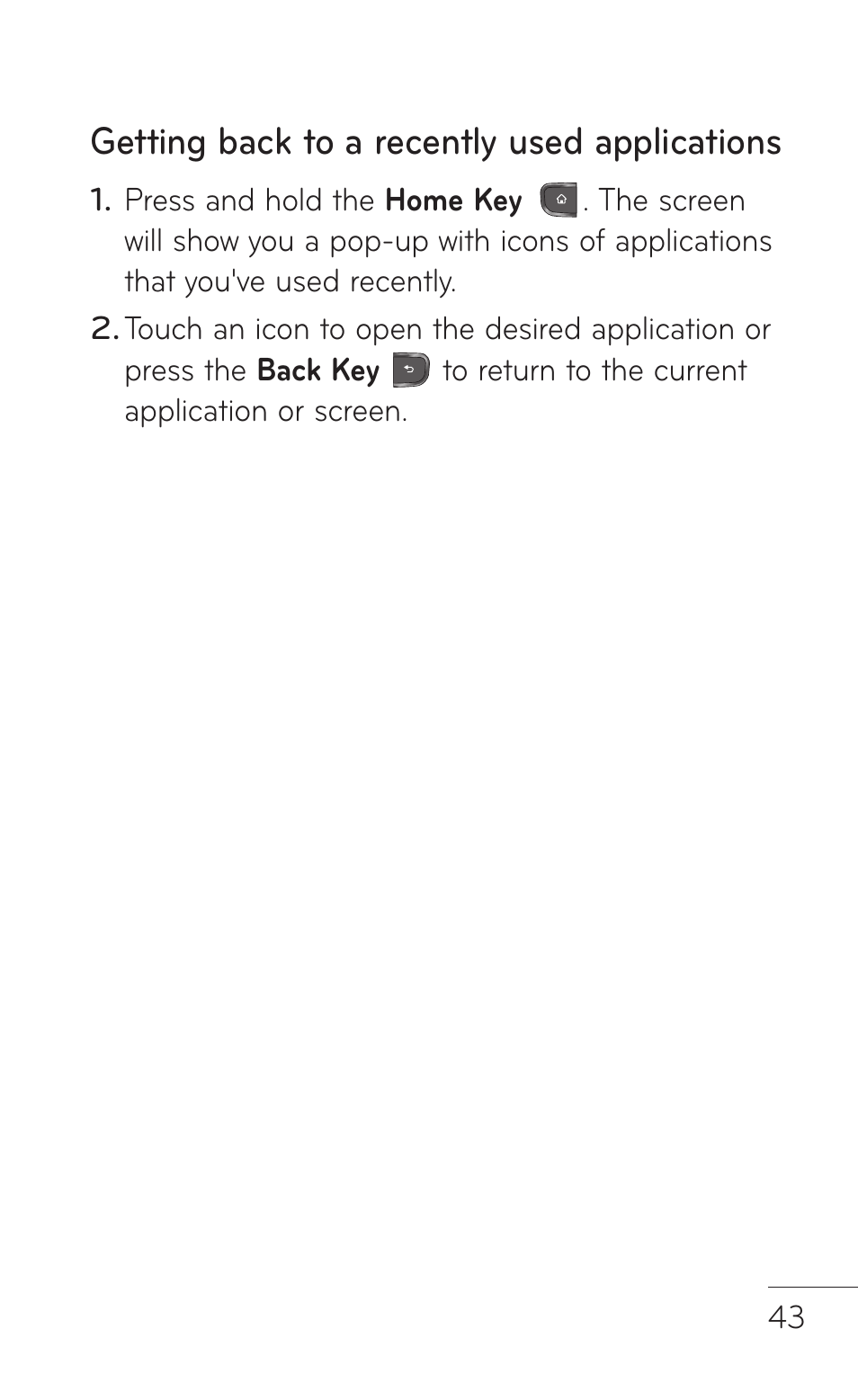 Getting back to a recently used applications | LG LGP504 User Manual | Page 43 / 380