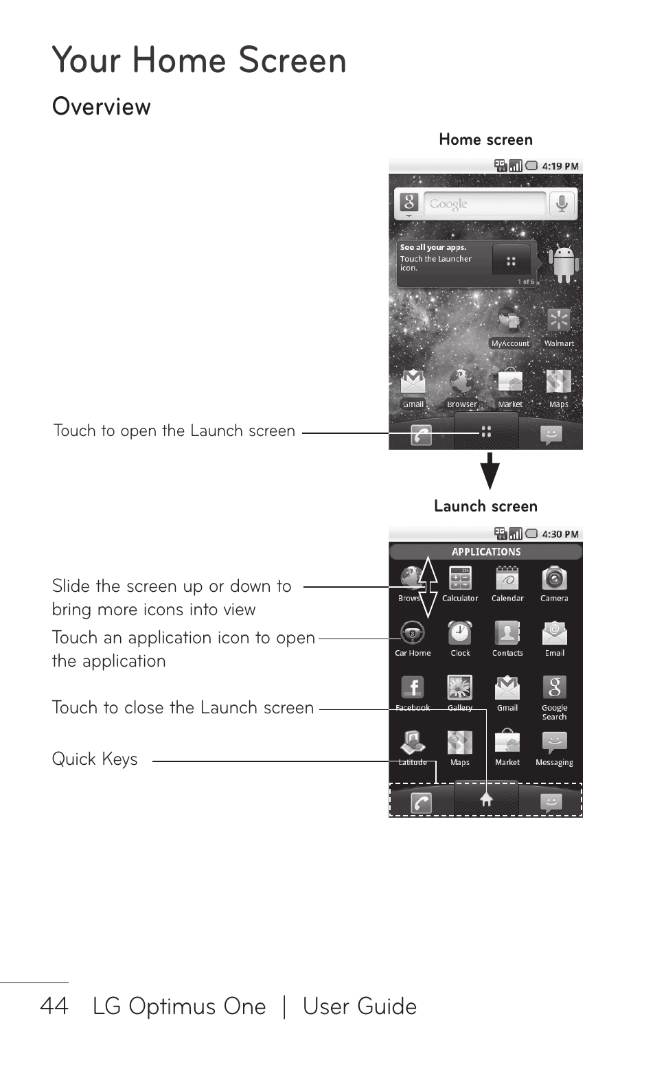 Your home screen, Overview | LG LGP504 User Manual | Page 44 / 380