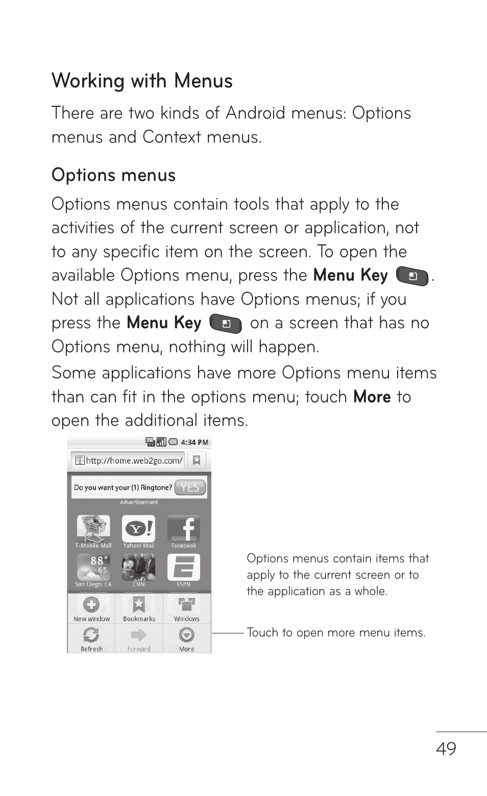 Working with menus | LG LGP504 User Manual | Page 49 / 380