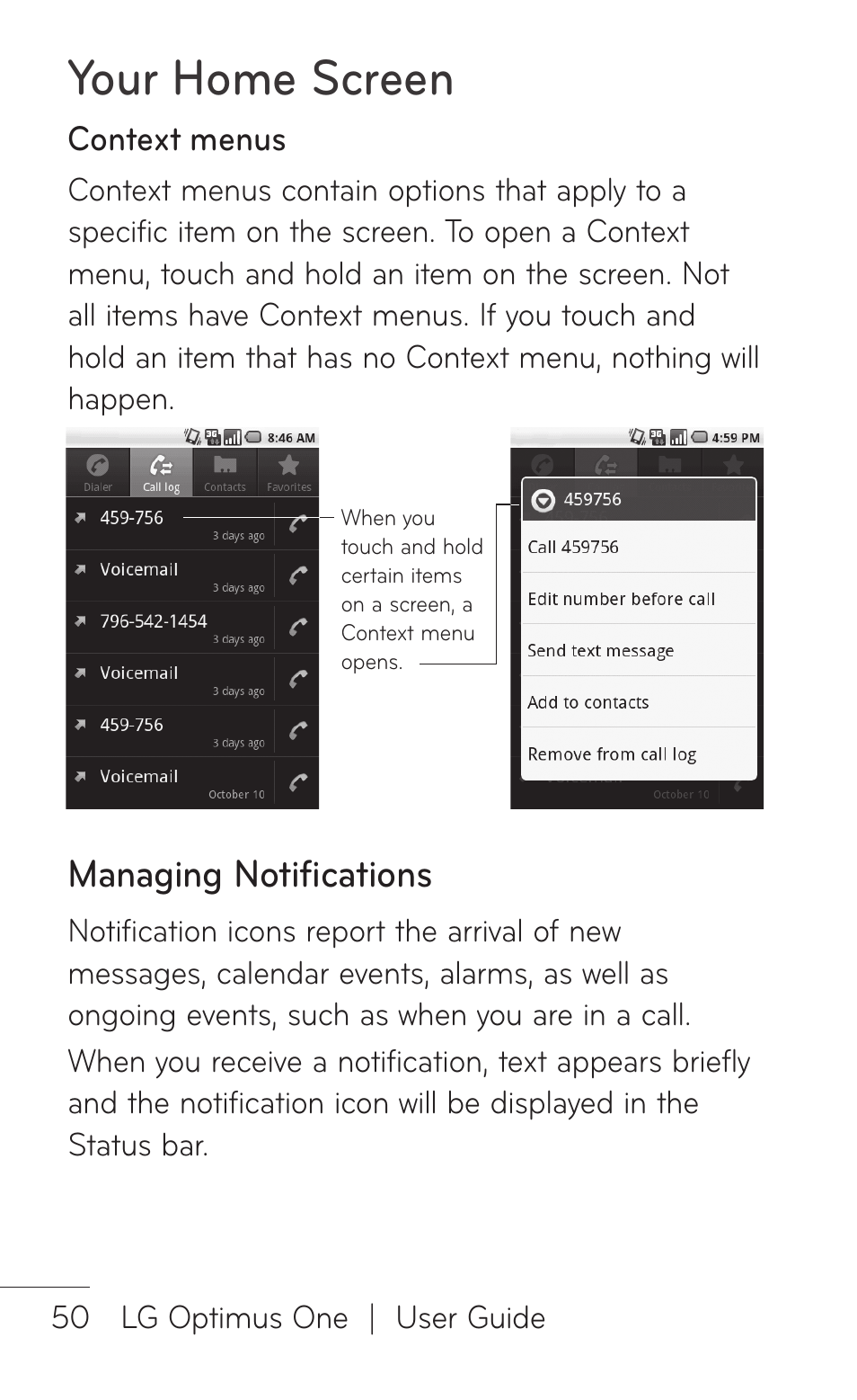 Managing notifications, Your home screen, Context menus | LG LGP504 User Manual | Page 50 / 380