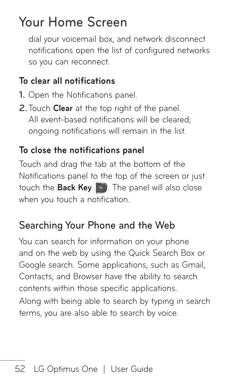 Searching your phone and the web, Your home screen | LG LGP504 User Manual | Page 52 / 380