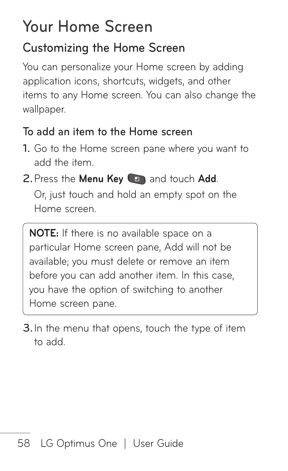 Customizing the home screen, Your home screen | LG LGP504 User Manual | Page 58 / 380