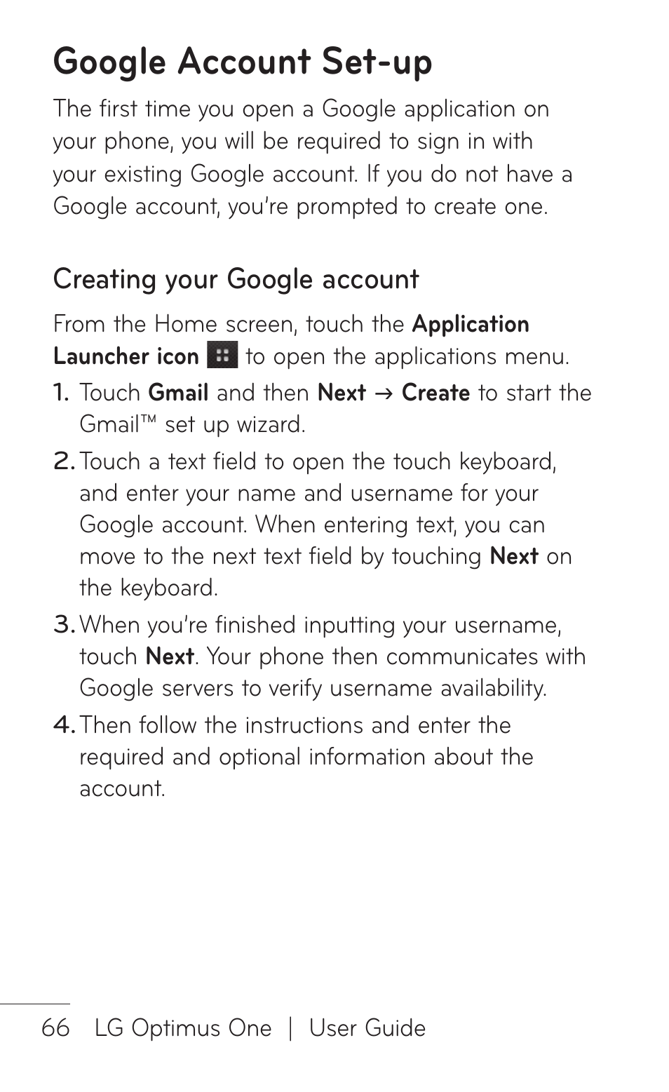 Google account set-up, Creating your google account | LG LGP504 User Manual | Page 66 / 380