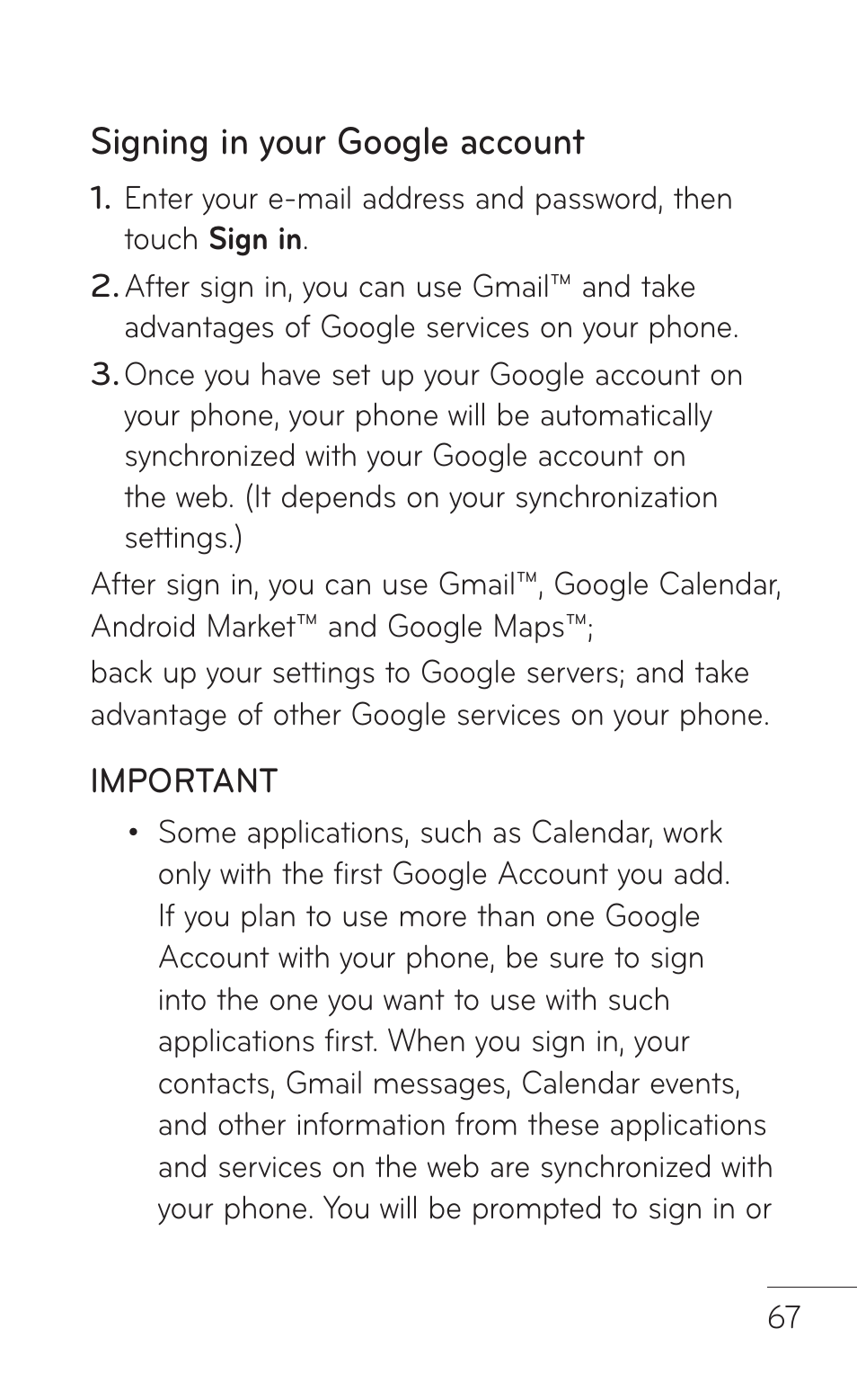 Signing in your google account | LG LGP504 User Manual | Page 67 / 380