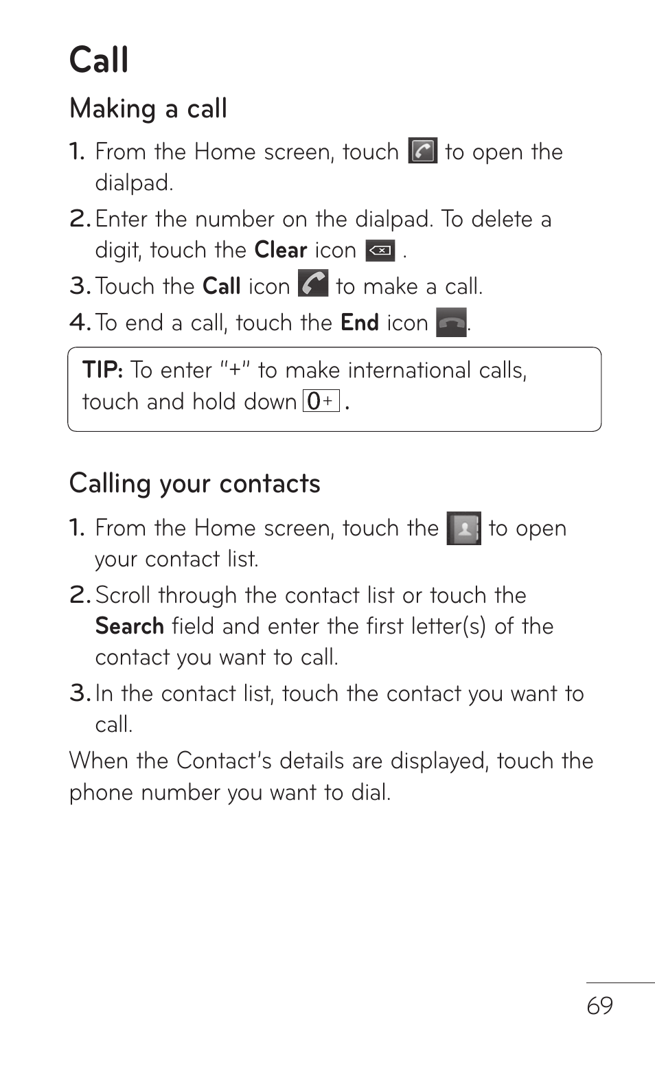 Call, Making a call, Calling your contacts | LG LGP504 User Manual | Page 69 / 380