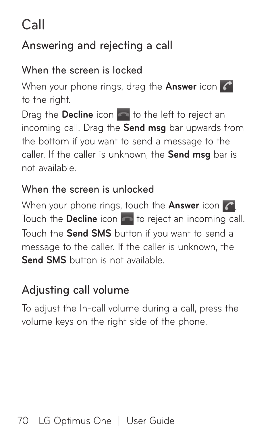 Answering and rejecting a call, Adjusting call volume, Call | LG LGP504 User Manual | Page 70 / 380