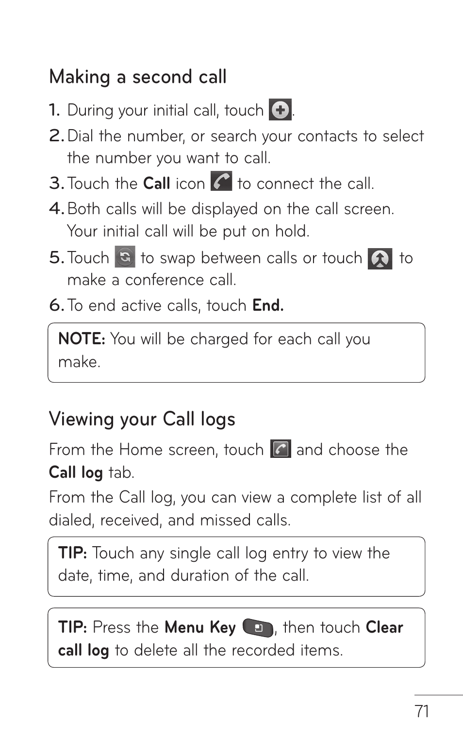 Making a second call, Viewing your call logs | LG LGP504 User Manual | Page 71 / 380