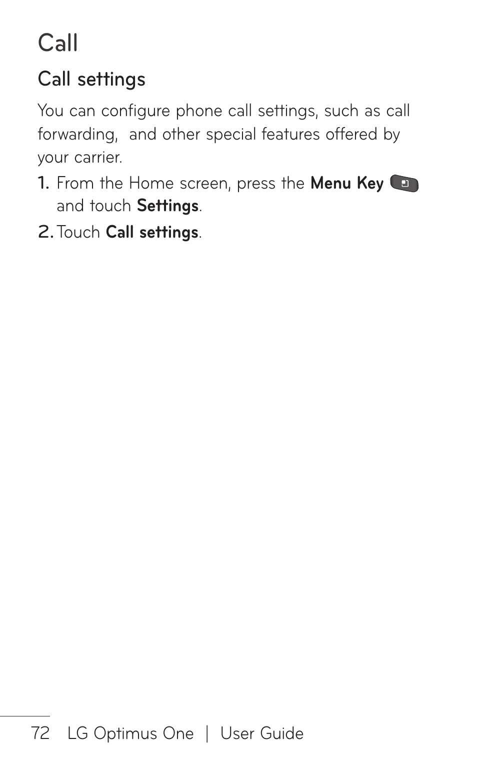 Call settings, Call | LG LGP504 User Manual | Page 72 / 380