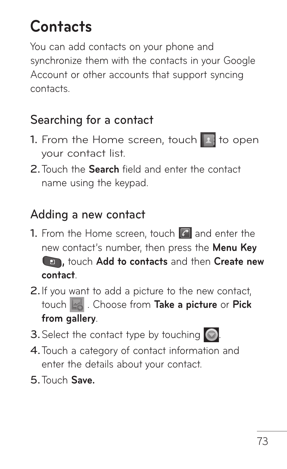 Contacts, Searching for a contact, Adding a new contact | LG LGP504 User Manual | Page 73 / 380