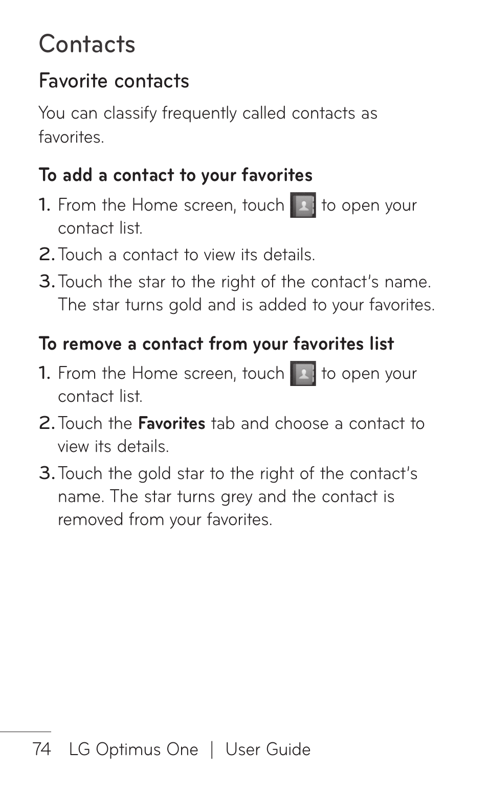 Favorite contacts, Contacts | LG LGP504 User Manual | Page 74 / 380