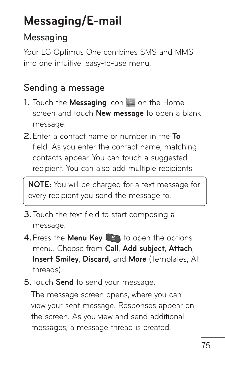 Messaging/e-mail, Messaging, Sending a message | LG LGP504 User Manual | Page 75 / 380