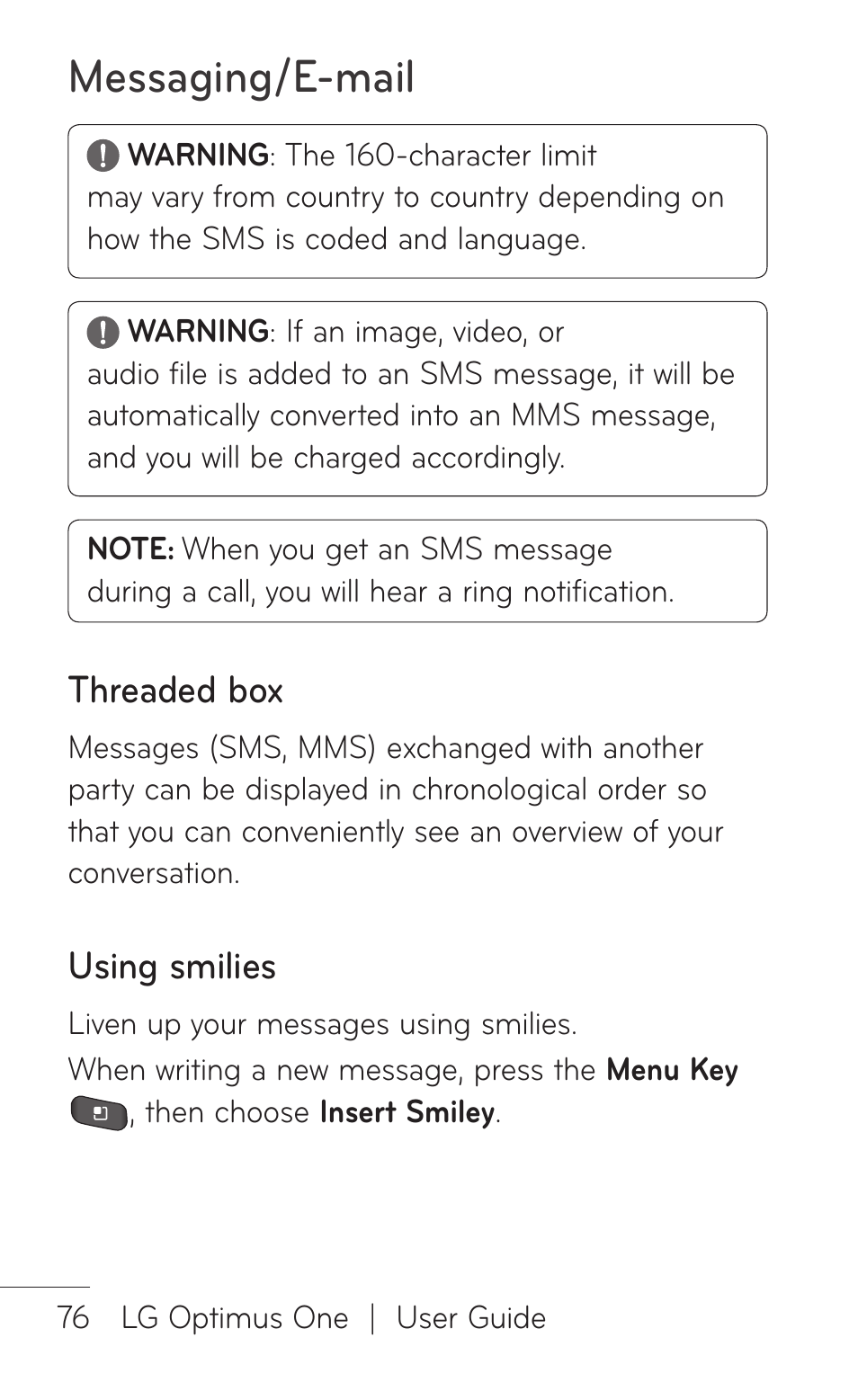 Threaded box, Using smilies, Messaging/e-mail | LG LGP504 User Manual | Page 76 / 380