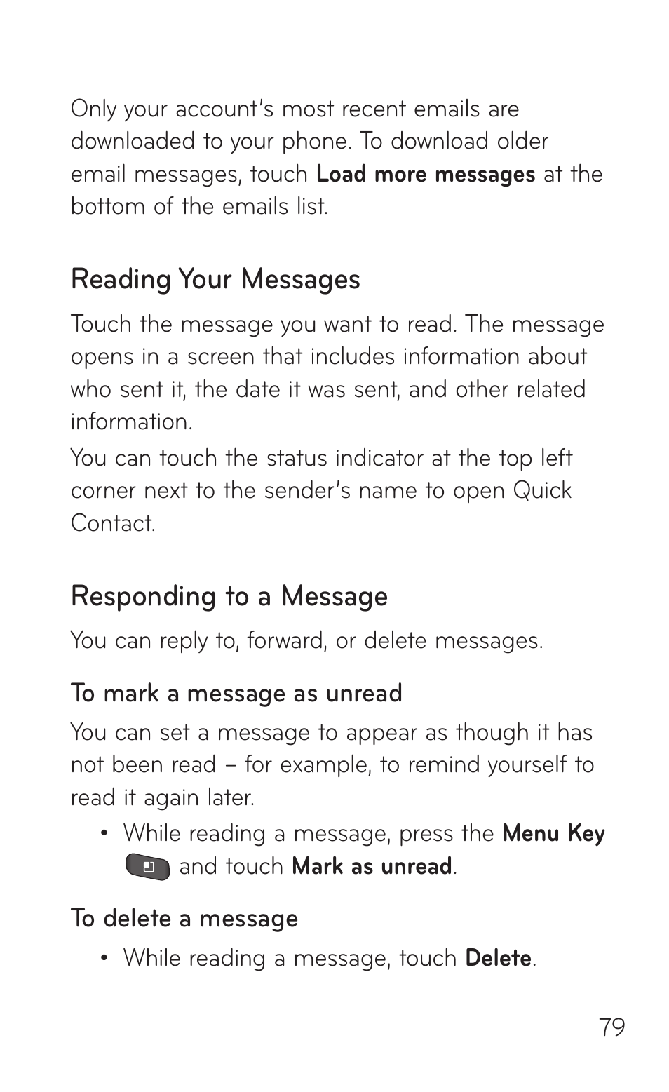 Reading your messages, Responding to a message | LG LGP504 User Manual | Page 79 / 380