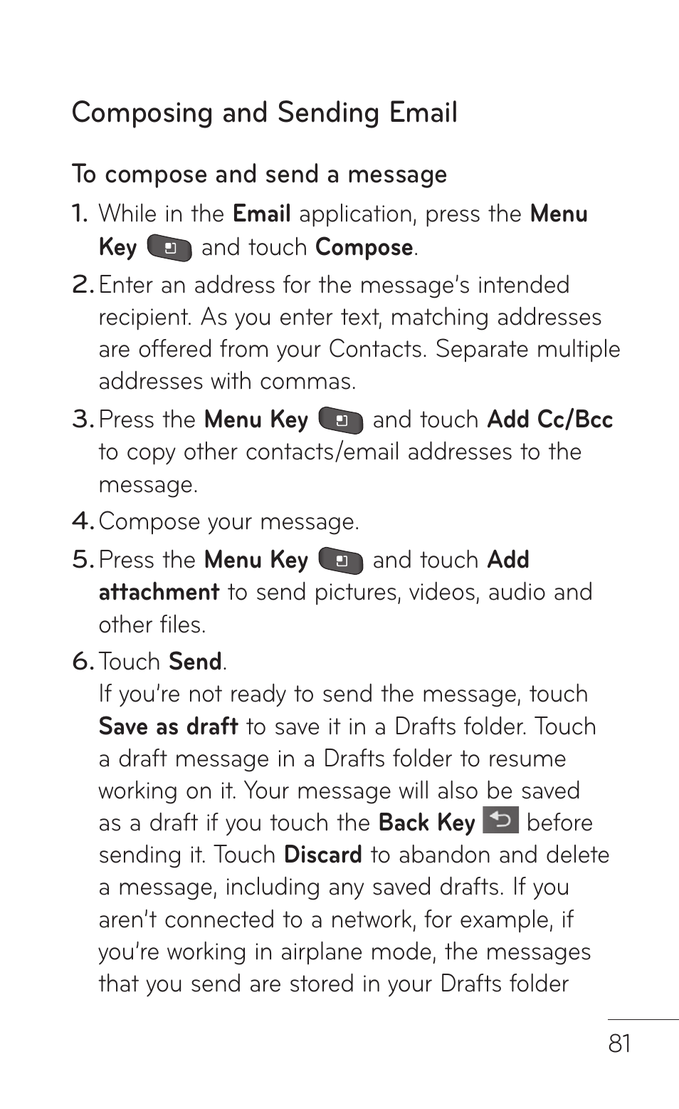 Composing and sending email | LG LGP504 User Manual | Page 81 / 380