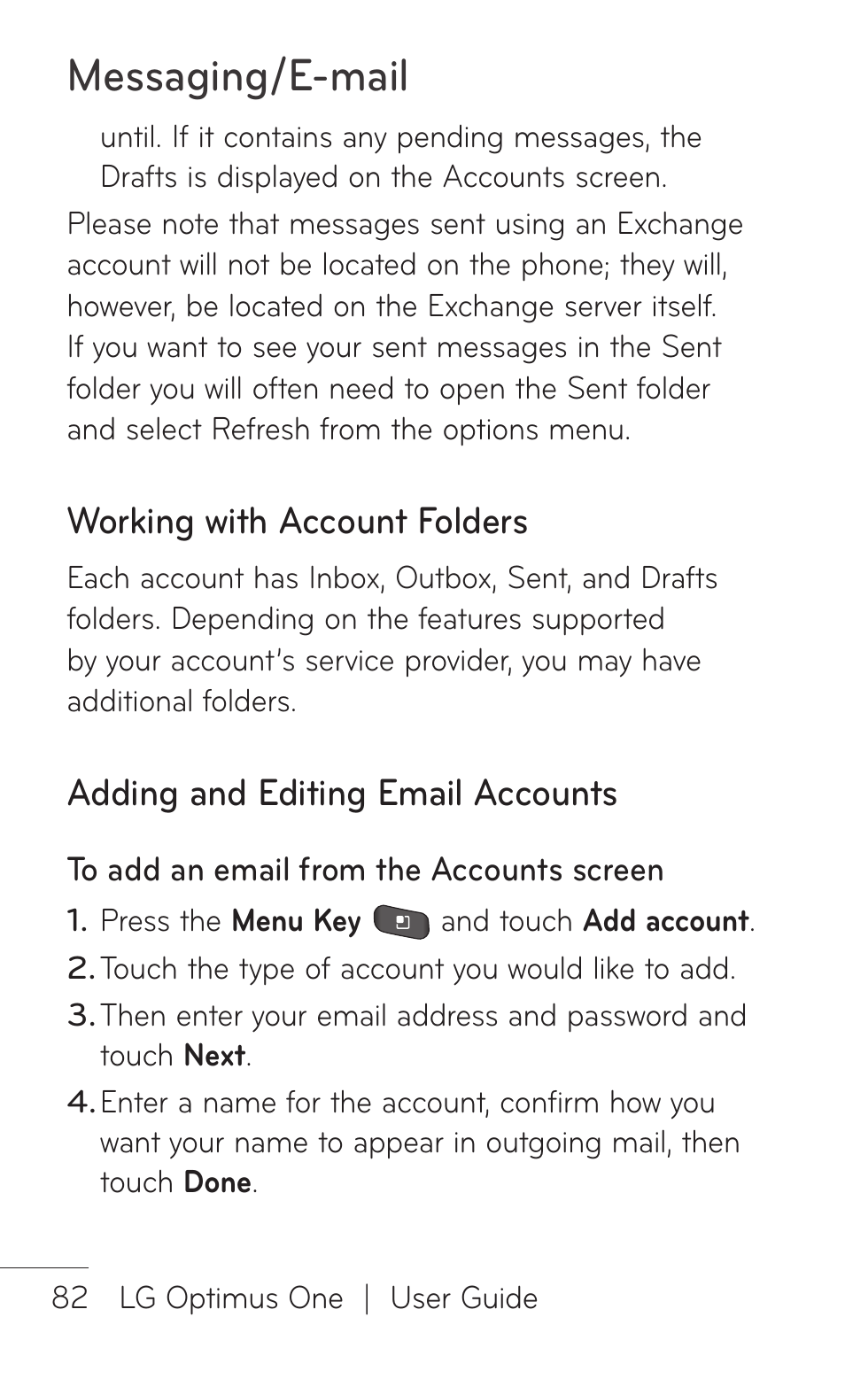Working with account folders, Adding and editing email accounts, Messaging/e-mail | LG LGP504 User Manual | Page 82 / 380
