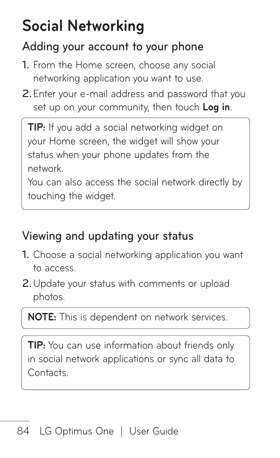 Social networking, Adding your account to your phone, Viewing and updating your status | LG LGP504 User Manual | Page 84 / 380