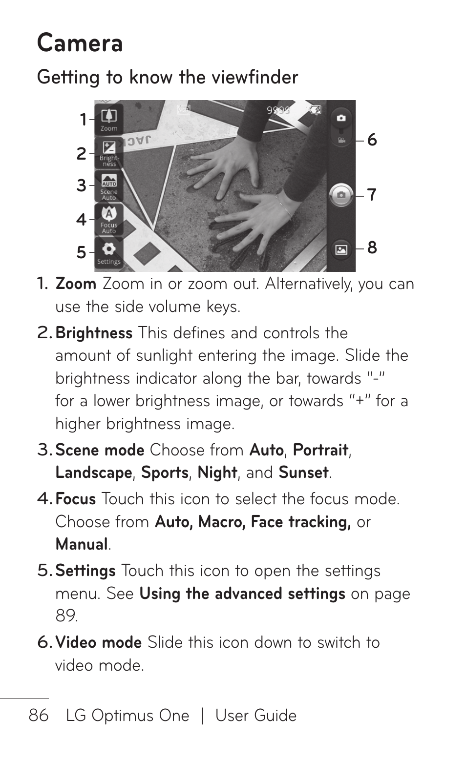 Camera, Getting to know the viewfinder | LG LGP504 User Manual | Page 86 / 380