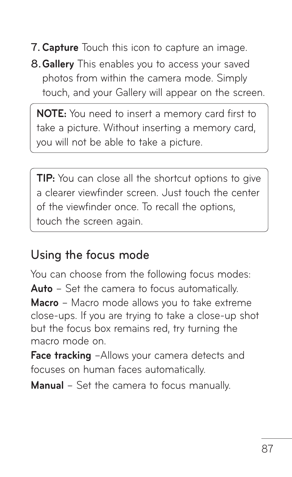 Using the focus mode | LG LGP504 User Manual | Page 87 / 380