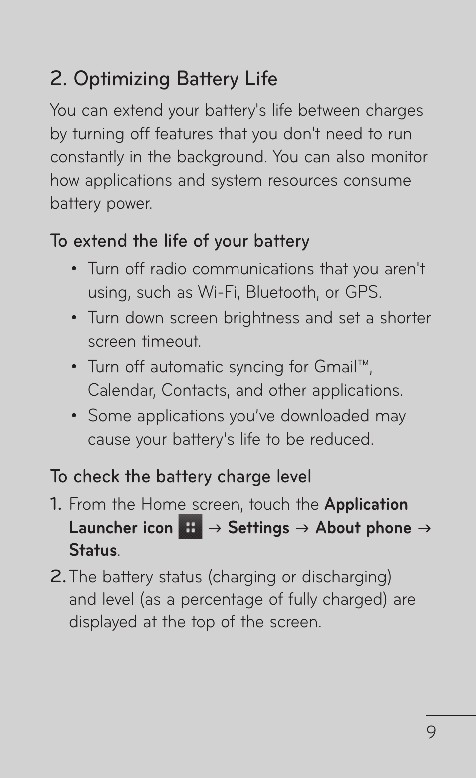 Optimizing battery life | LG LGP504 User Manual | Page 9 / 380