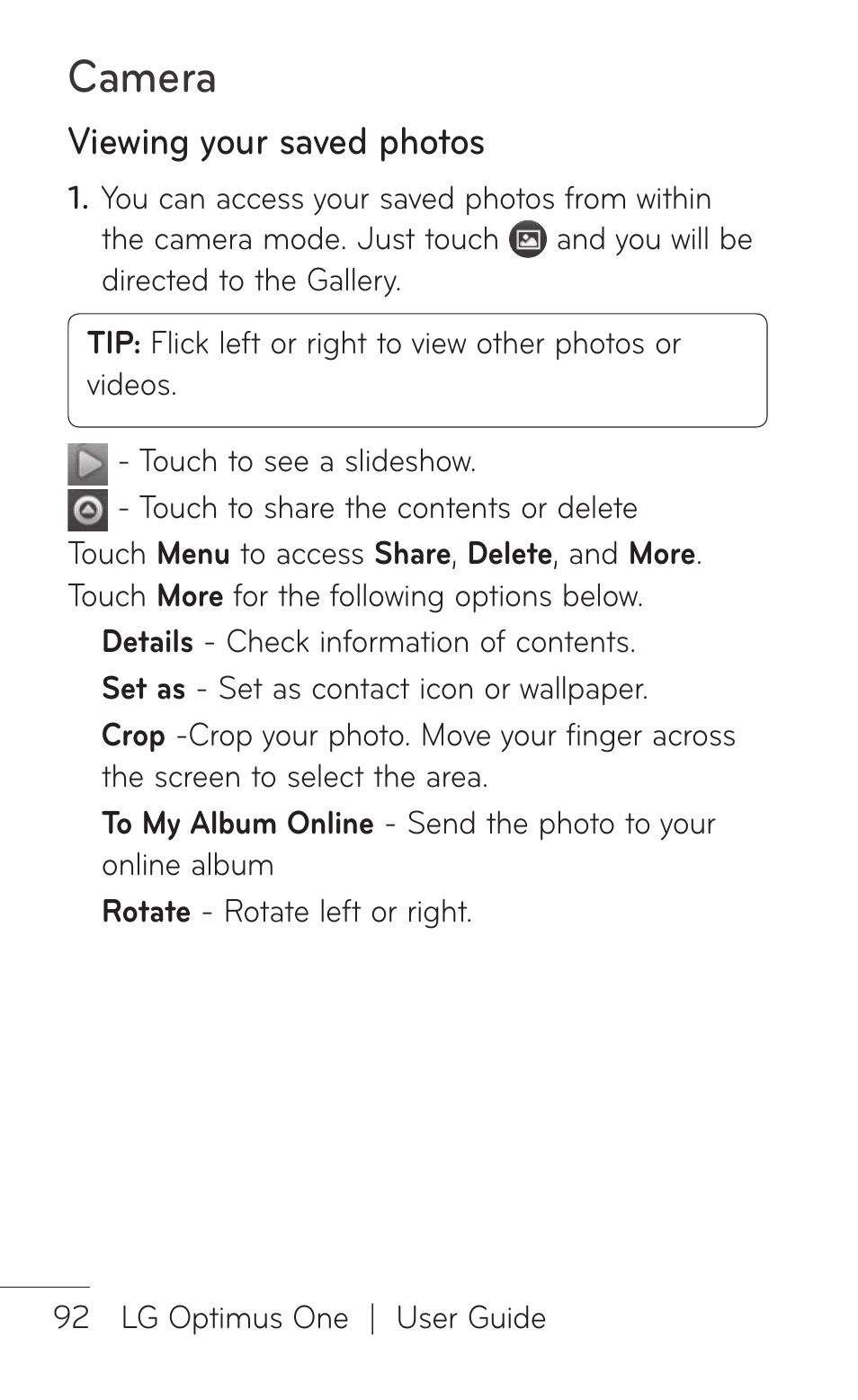 Viewing your saved photos, Camera | LG LGP504 User Manual | Page 92 / 380