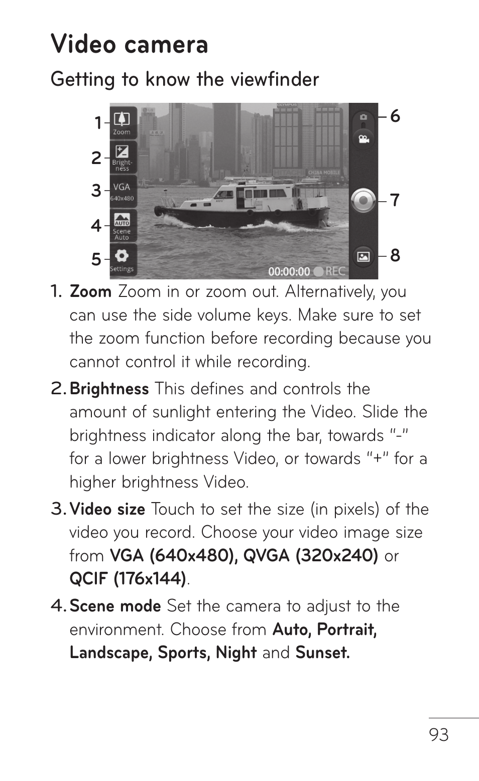 Video camera, Getting to know the viewfinder | LG LGP504 User Manual | Page 93 / 380