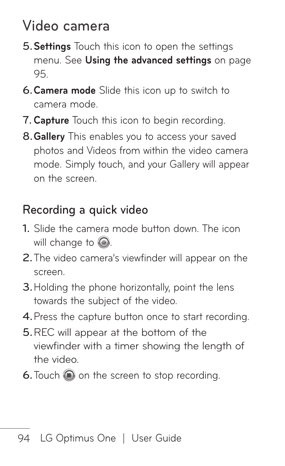 Recording a quick video, Video camera | LG LGP504 User Manual | Page 94 / 380