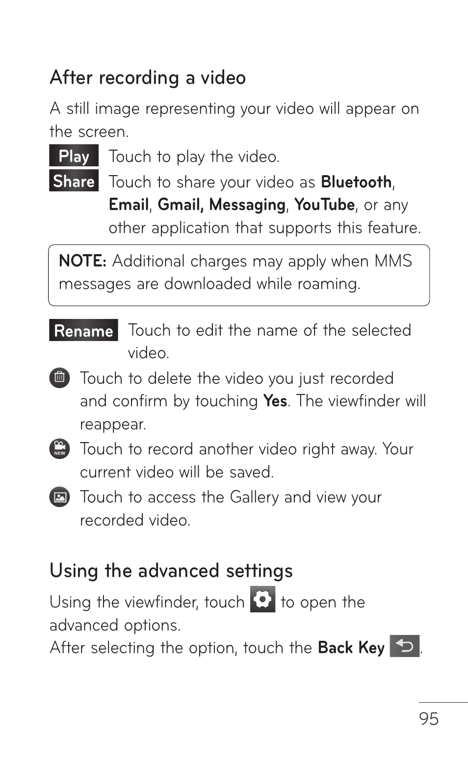 After recording a video, Using the advanced settings | LG LGP504 User Manual | Page 95 / 380