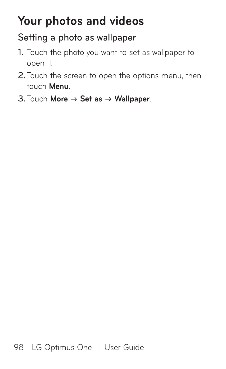 Your photos and videos, Setting a photo as wallpaper | LG LGP504 User Manual | Page 98 / 380