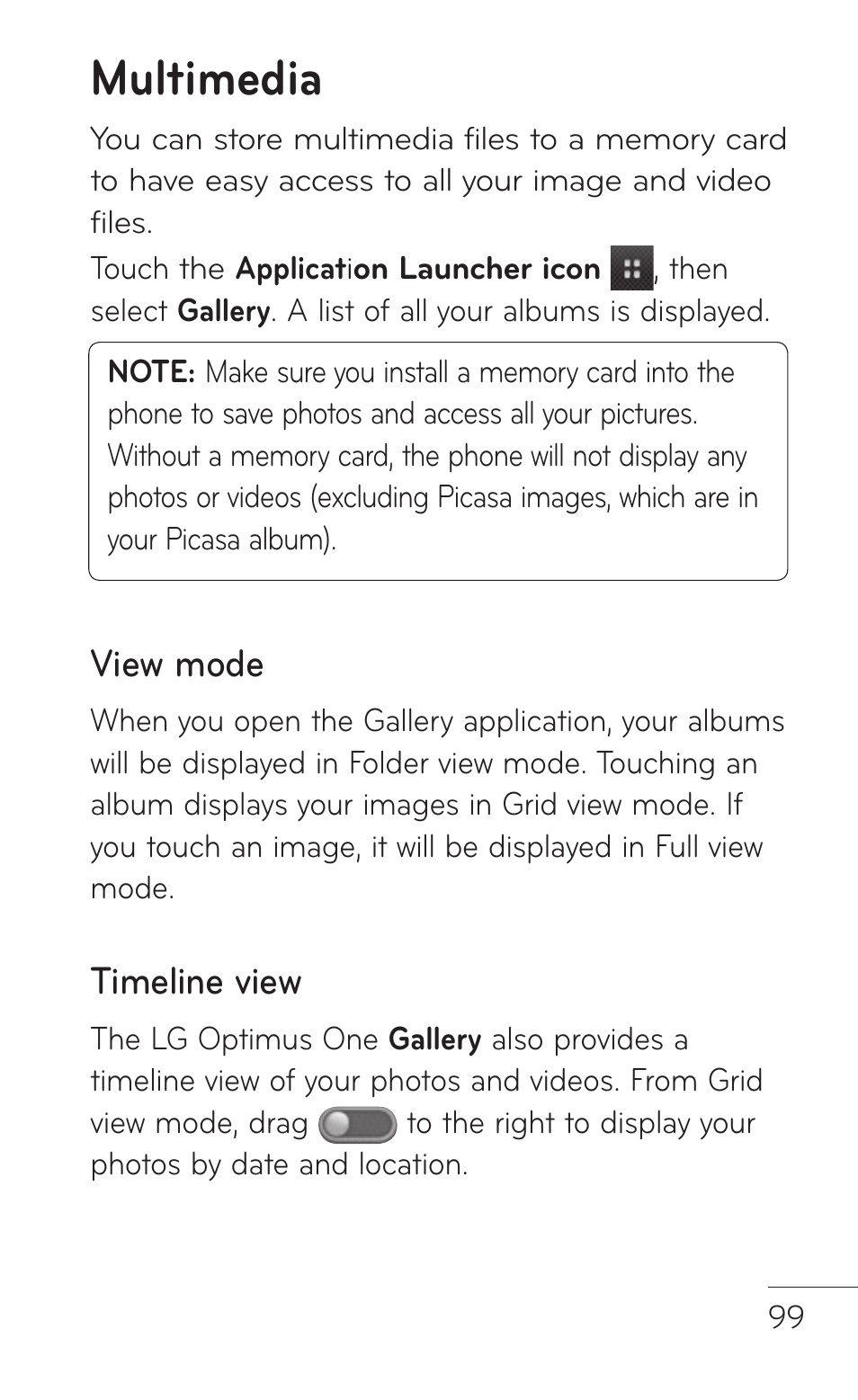 Multimedia, View mode, Timeline view | LG LGP504 User Manual | Page 99 / 380