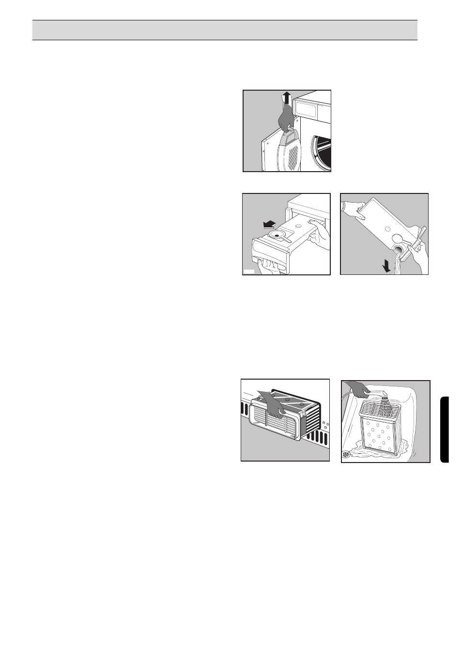 Hoito ja puhdistus, Nukkasihdin puhdistus, Vesisäiliön tyhjennys | Kuivausrummun puhdistaminen, Rummun sisäpuolen puhdistaminen, Lauhduttimen puhdistus | Electrolux EDC 503 M User Manual | Page 71 / 88