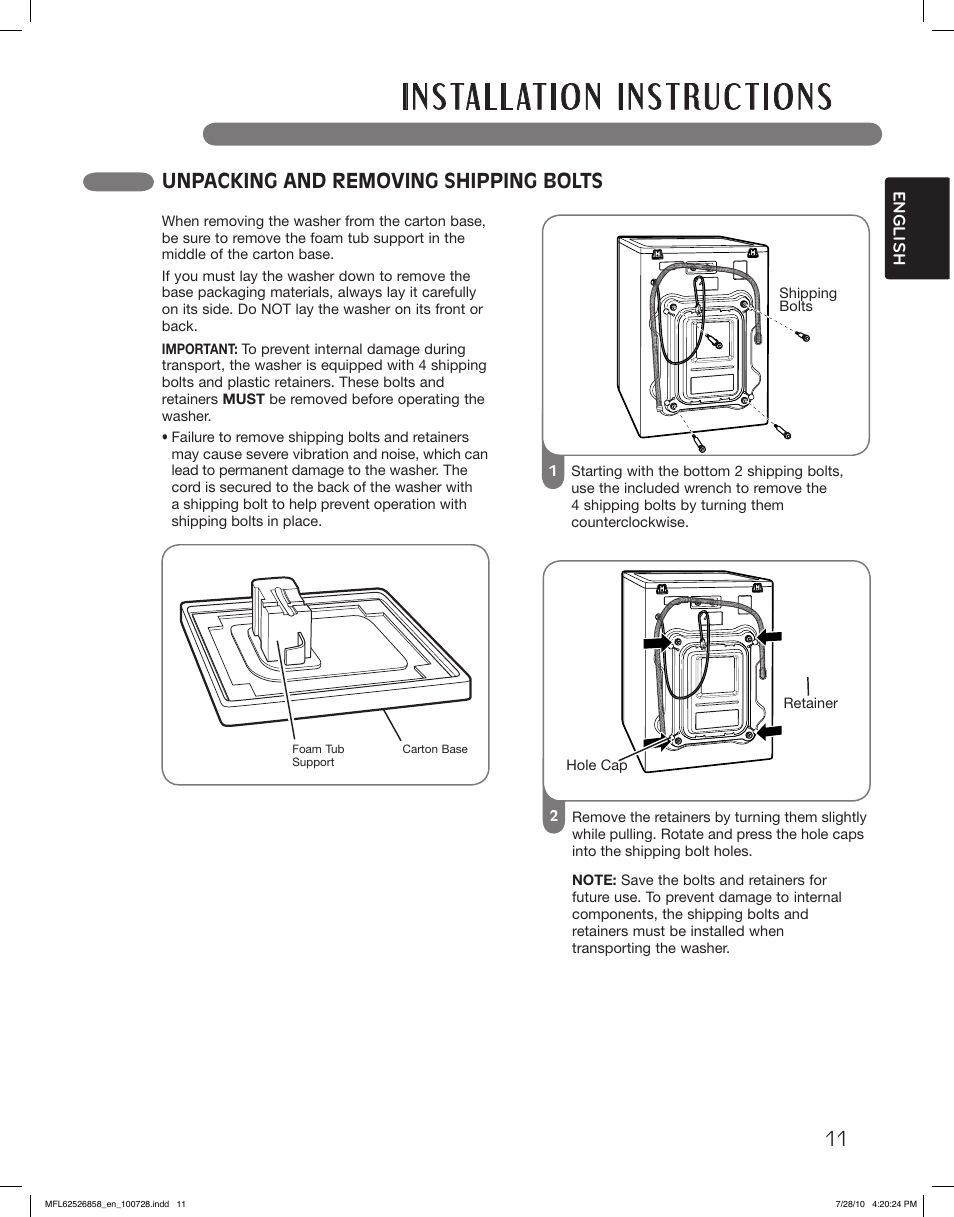Unpacking and removing shipping bolts | LG WM2140CW User Manual | Page 11 / 68