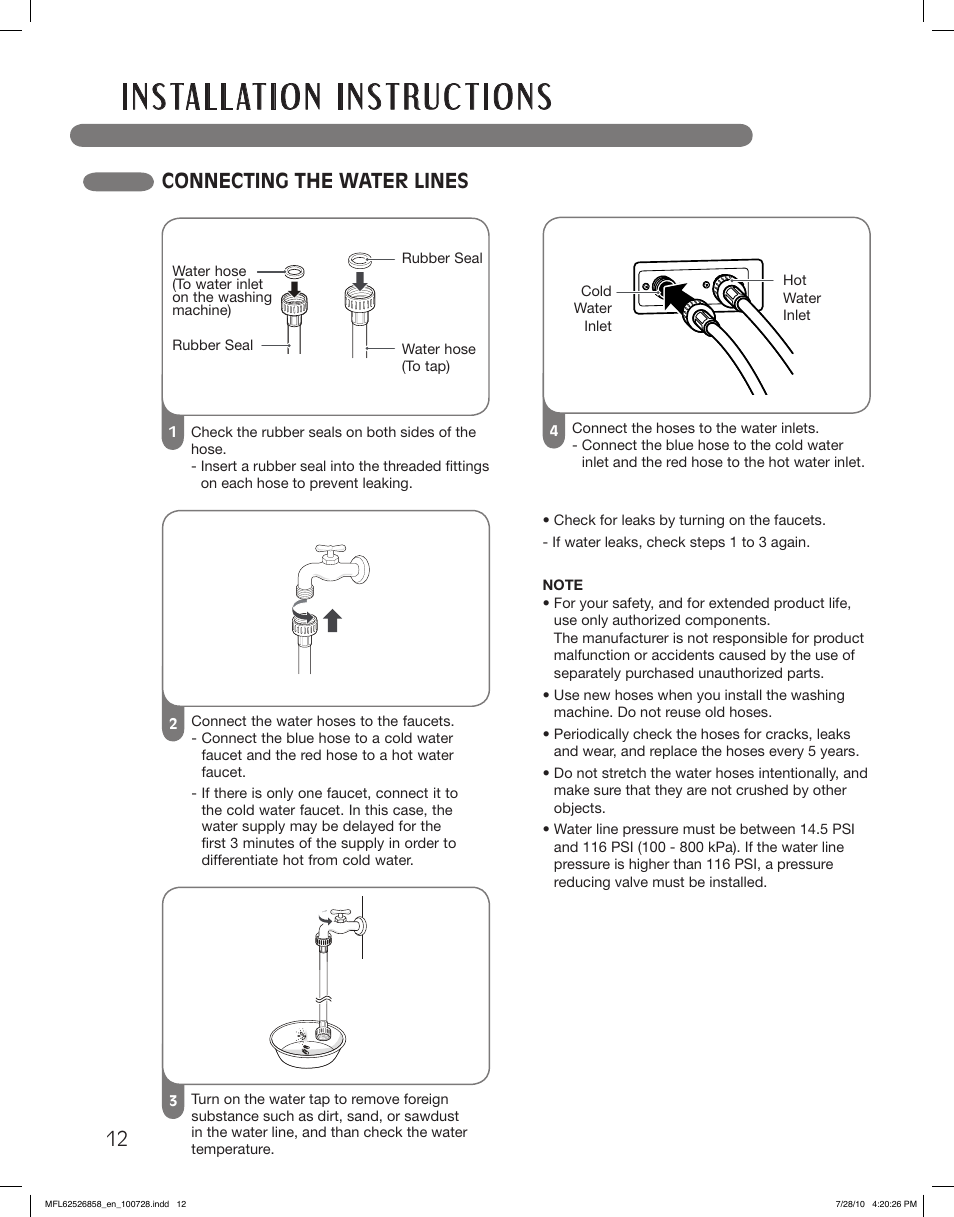 Connecting the water lines | LG WM2140CW User Manual | Page 12 / 68