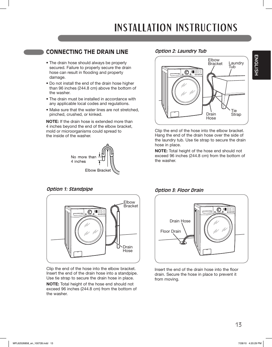 Connecting the drain line | LG WM2140CW User Manual | Page 13 / 68