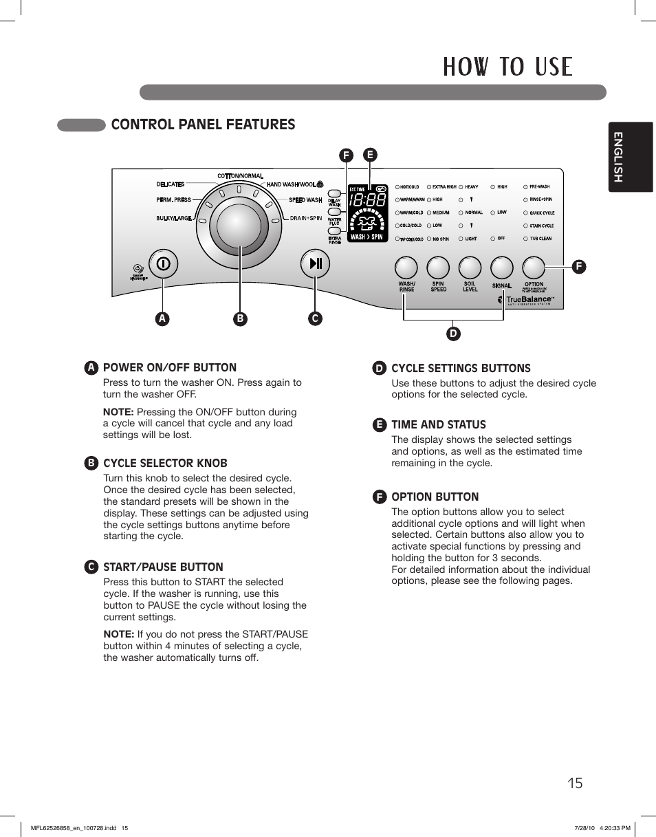 H o w to u s e, Control panel features | LG WM2140CW User Manual | Page 15 / 68