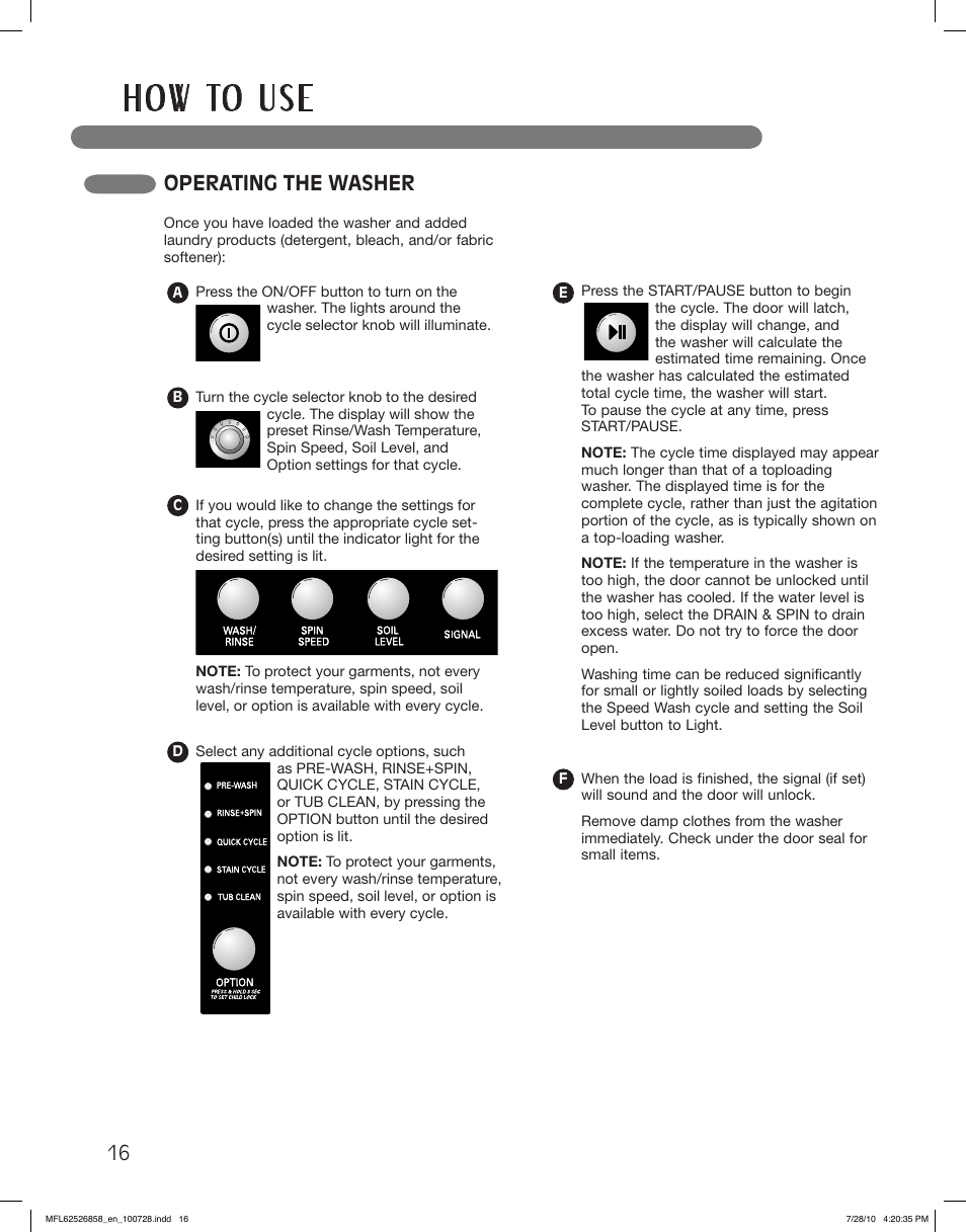 H o w to u s e, Operating the washer | LG WM2140CW User Manual | Page 16 / 68