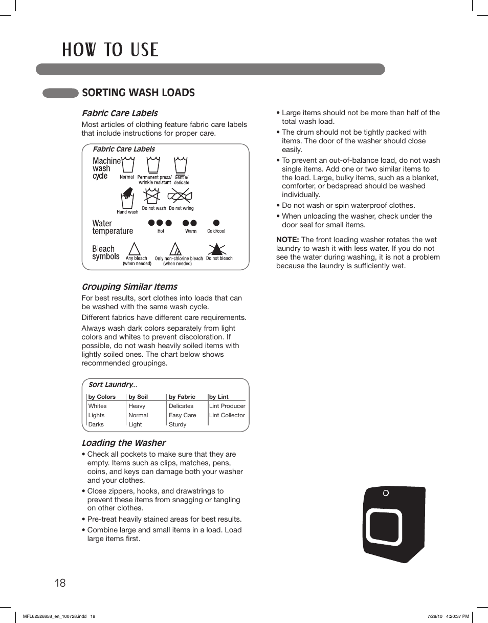 H o w to u s e, Sorting wash loads | LG WM2140CW User Manual | Page 18 / 68