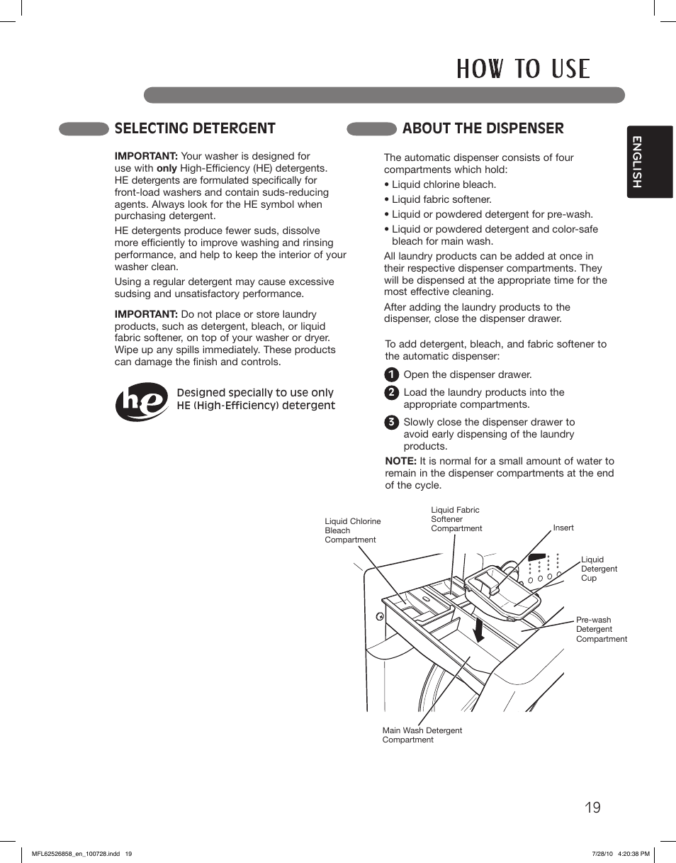 H o w to u s e, Selecting detergent about the dispenser | LG WM2140CW User Manual | Page 19 / 68