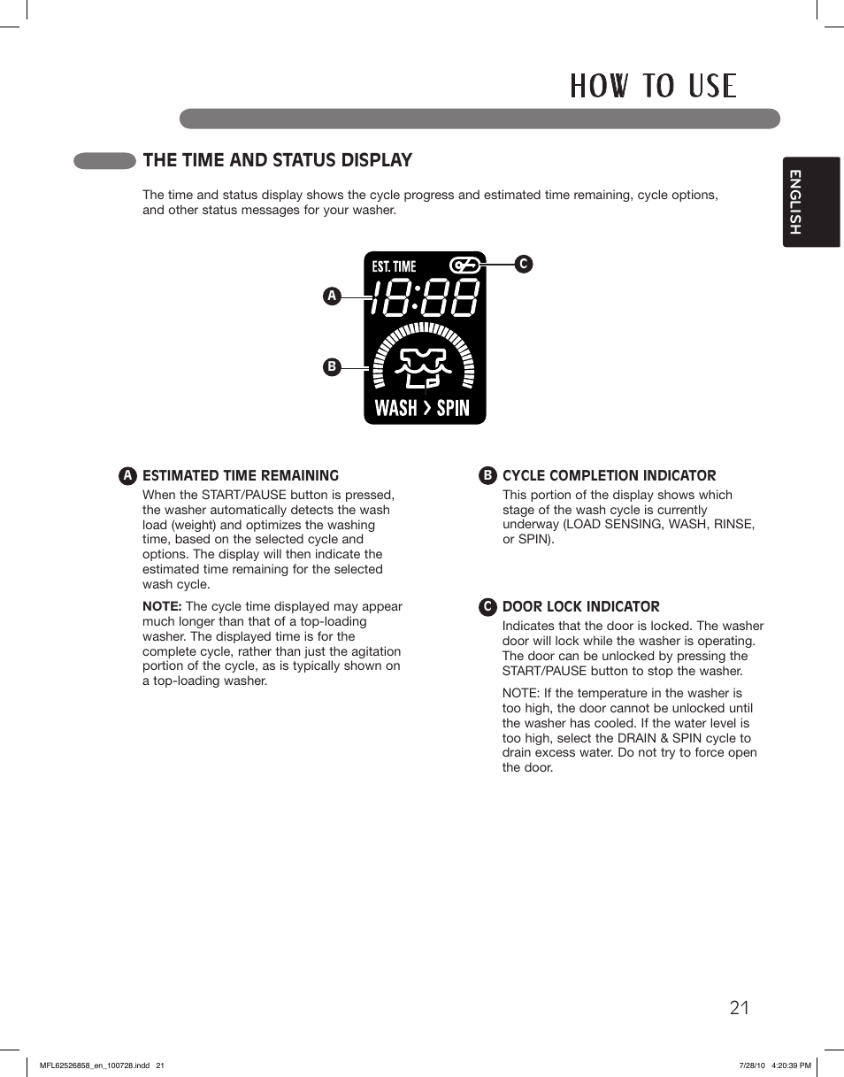 H o w to u s e, The time and status display | LG WM2140CW User Manual | Page 21 / 68