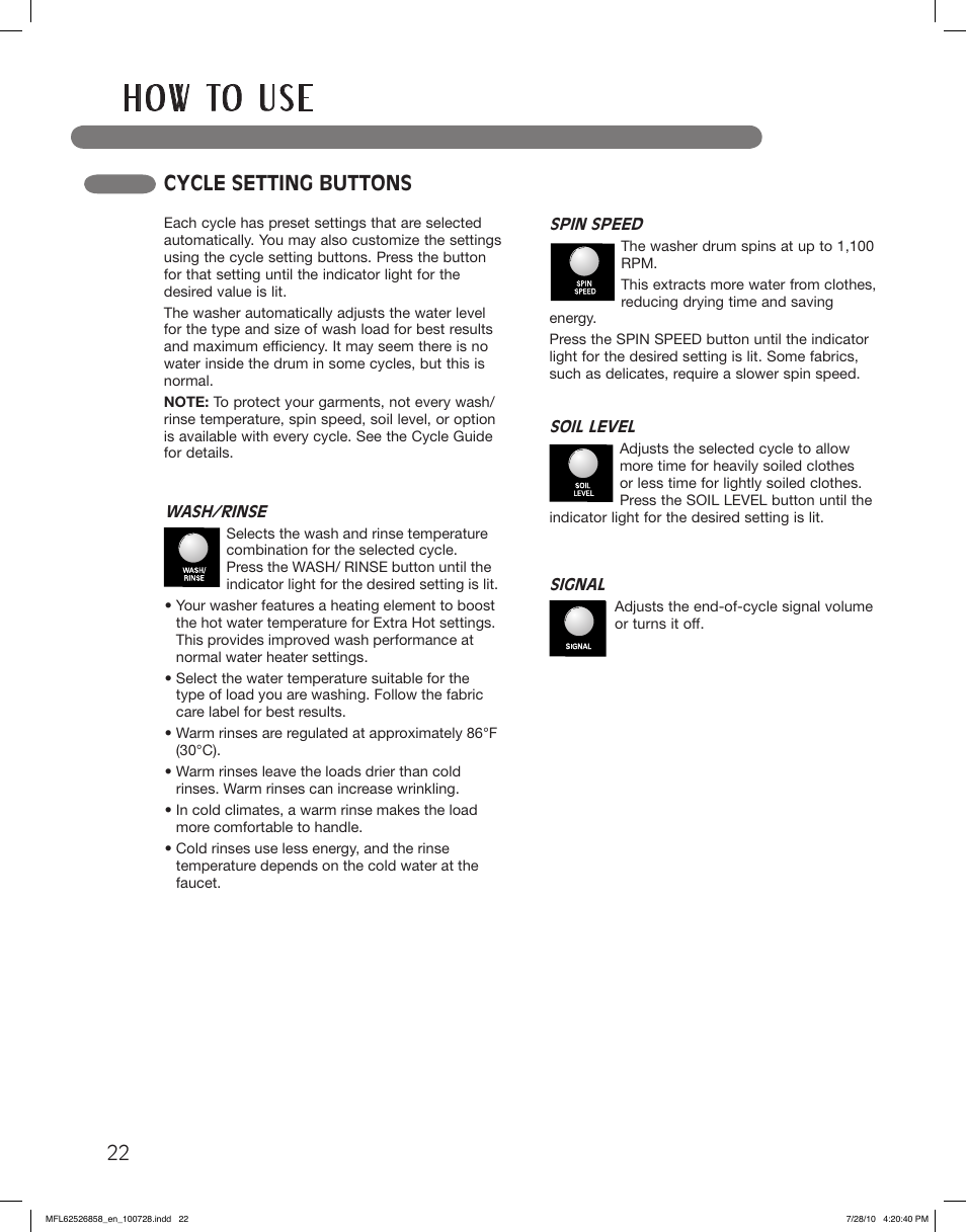 H o w to u s e, Cycle setting buttons | LG WM2140CW User Manual | Page 22 / 68